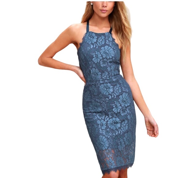 LULU’S WISHFUL WANDERING BLUE LACE BODYCON MIDI DRESS - Picture 1 of 16